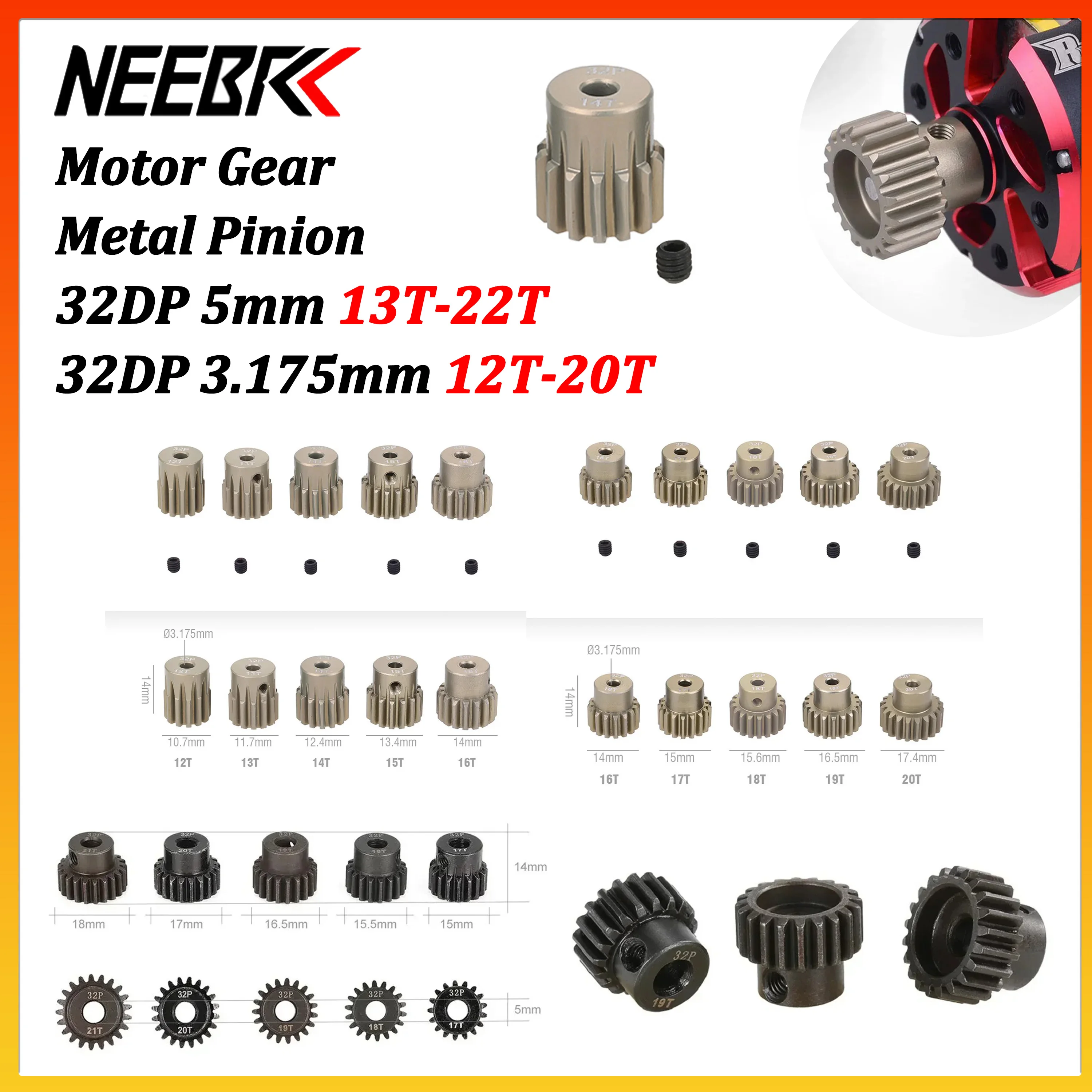 NEEBRC 32DP M0.8 Metall-Zahnrad für Motoren, 5mm/3.175mm Welle, 12T-22T für 1/8 1/10 RC-Autos Wltoys Traxxas Tamiya HSP Axial HPI Arrma