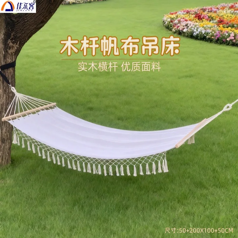 200X100cm Wooden Pole Tassel Canvas Hammock Single Person Nordic Style Outdoor Camping Balcony Courtyard Household Leisure Swing