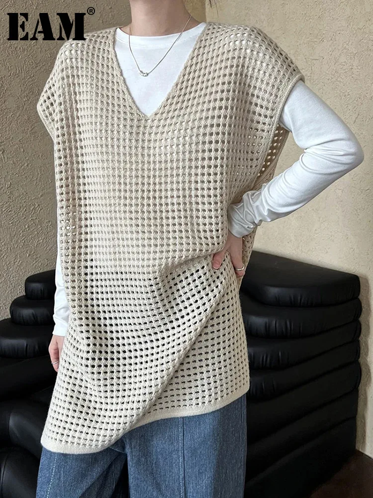 [EAM] Apricot Big Size Long Knitting Sweater V-Neck Sleeveless Women Pullovers New Fashion Tide Spring Autumn 2024 1DH6975