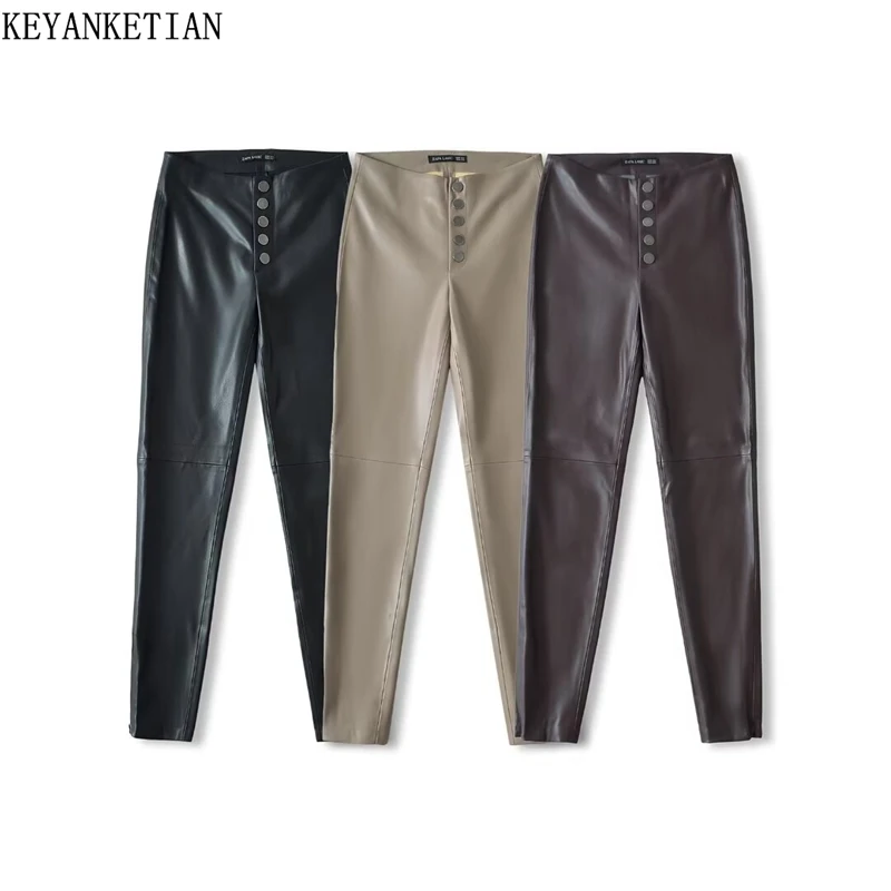 

KEYANKETIAN Autumn/Winter New Women's Imitation leather Trousers Retro style Buttons High waist Solid color Skinny Ninth Pants