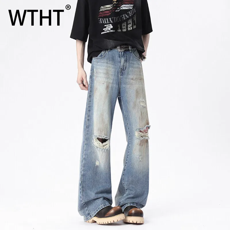 

WTHT Vintage Men's Tie Dye Hole Do Old Design Wash Denim Pants Fashion High Street Straight Loose Jeans Male 2025 Summer 2A0942