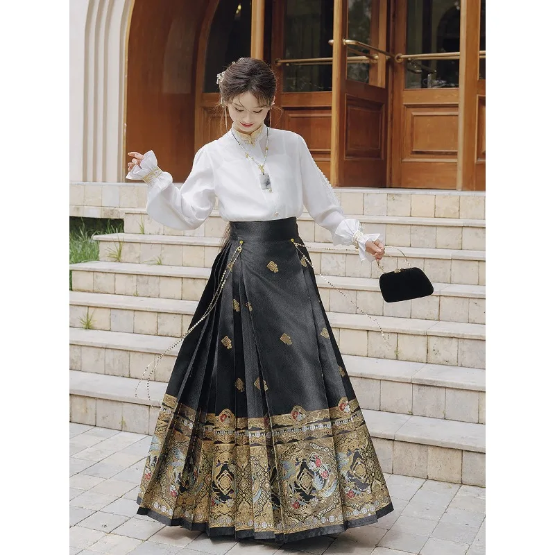 Gentle group flower pattern Ming suit, simple commuter style woven gold skirt improved Hanfu women