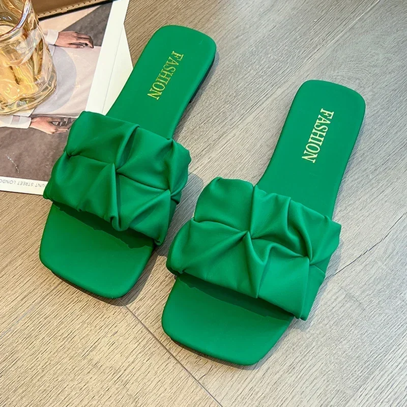 

Summer Slippers For Women Flip Flops Flats 2024 New Pleated Korean Slippers Women Sandals Green Slip On Shoes Big Size 35-42