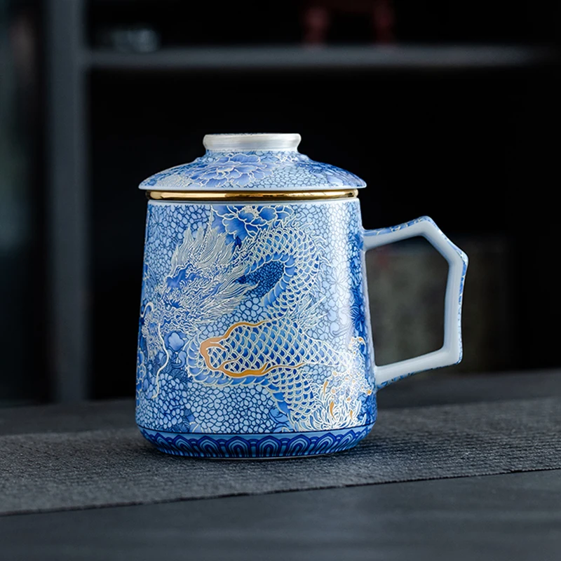 

Chinese Style Ceramic Blue Flower Silver Dragon Pattern Mug, Creative Teacup With Cover Filtered Tea Water Separation 350ml, 1Pc