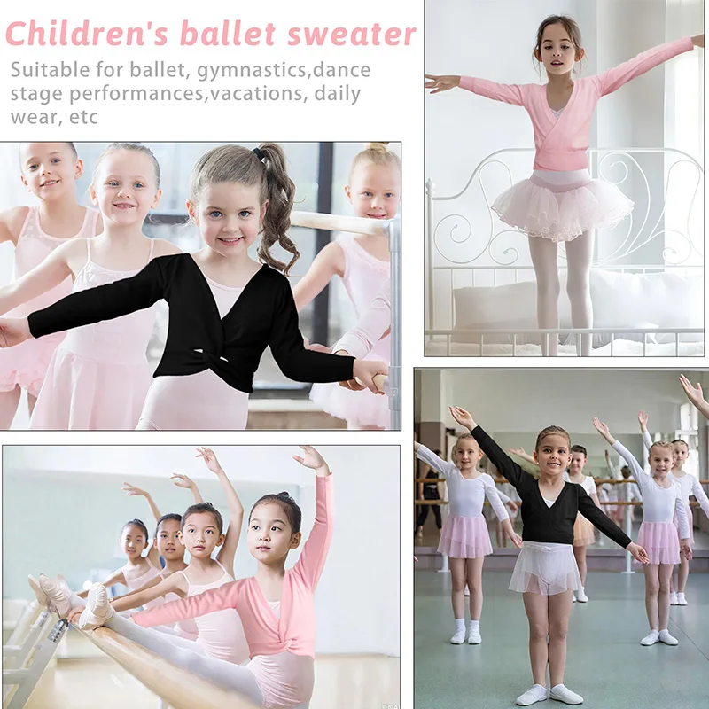 ﻿   Justaucorps de danse de Ballet à manches longues et col en v pour filles, Cardigan enveloppant de danse de gymnastique pour enfants, hauts avec pull de danse intérieure en velours