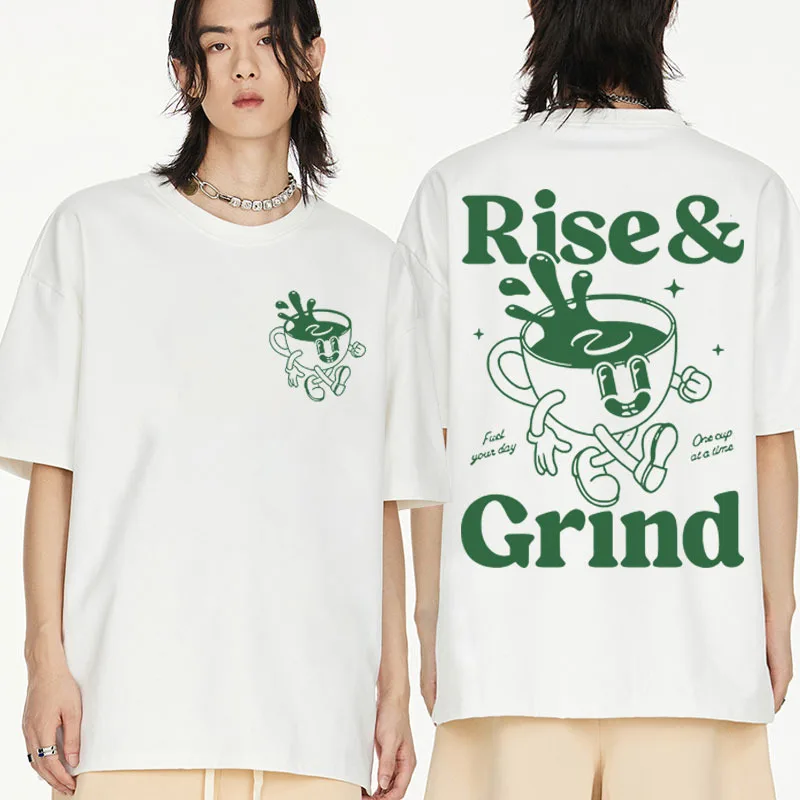 Rise and Grind Green Coffee Funny Meme Print T-shirt Male Cartoon Vintage T Shirts Men Women 100% Cotton Oversized Tees Tops