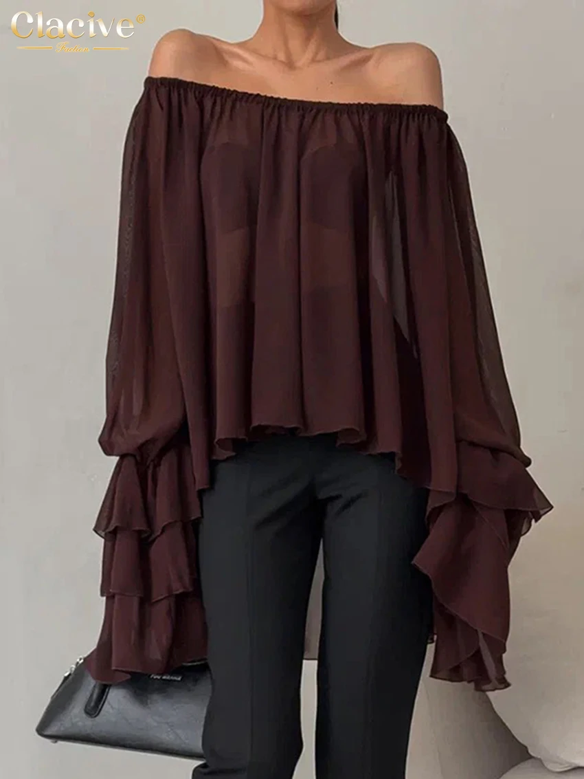 

Clacive Fashion Loose Wine Red Women Shirt 2025 Sexy Slash Neck Long Sleeve Shirts Elegant Classic Pleated Tops Female Clothing