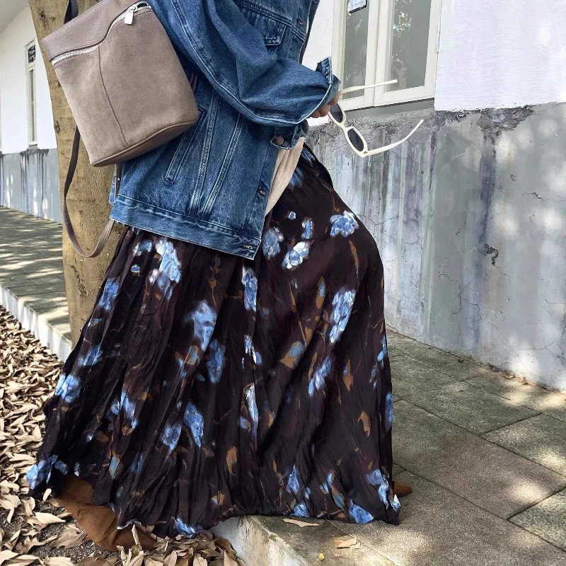 Vintage Boho Chic Print Long Skirt Women Autumn Winter New Fashion High Street Loose A Line Ruffled Large Swing Brown Maxi Skirt