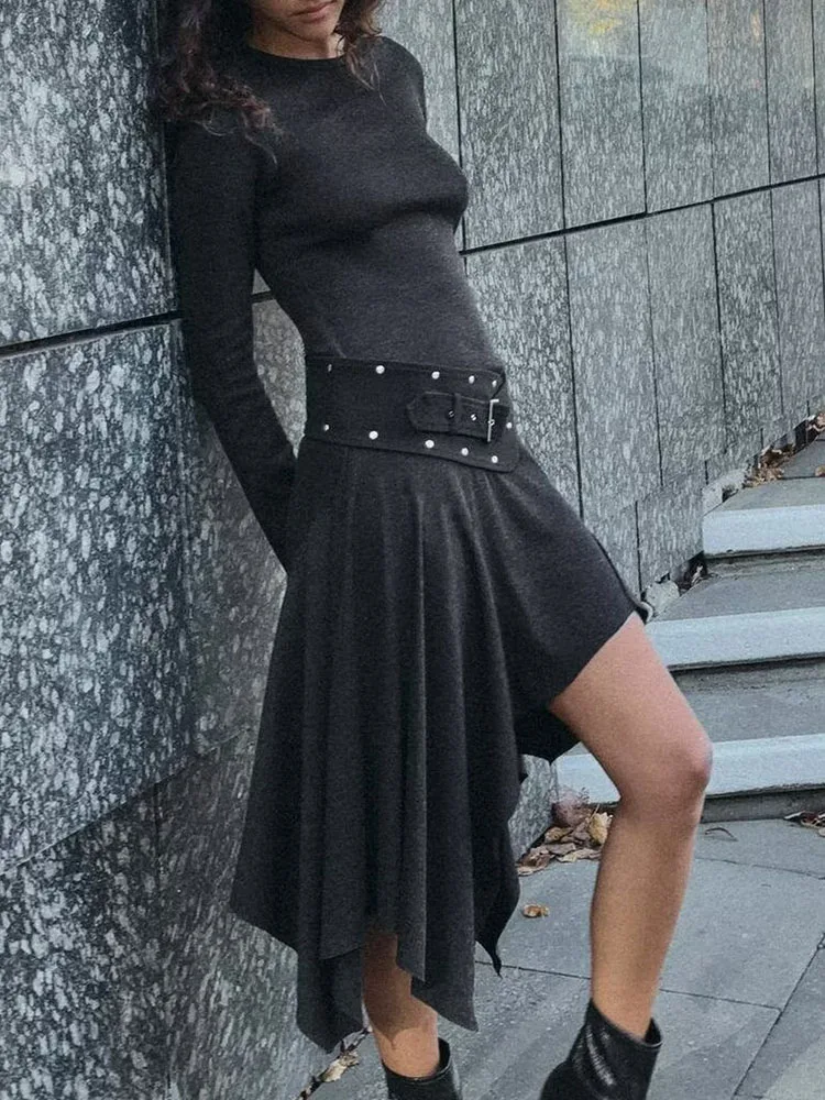 

Ele round Ne Long Sve Asymmetrical Midi Dr Women's Faion New Arrival Winter 2025 High Waist Midi Gown