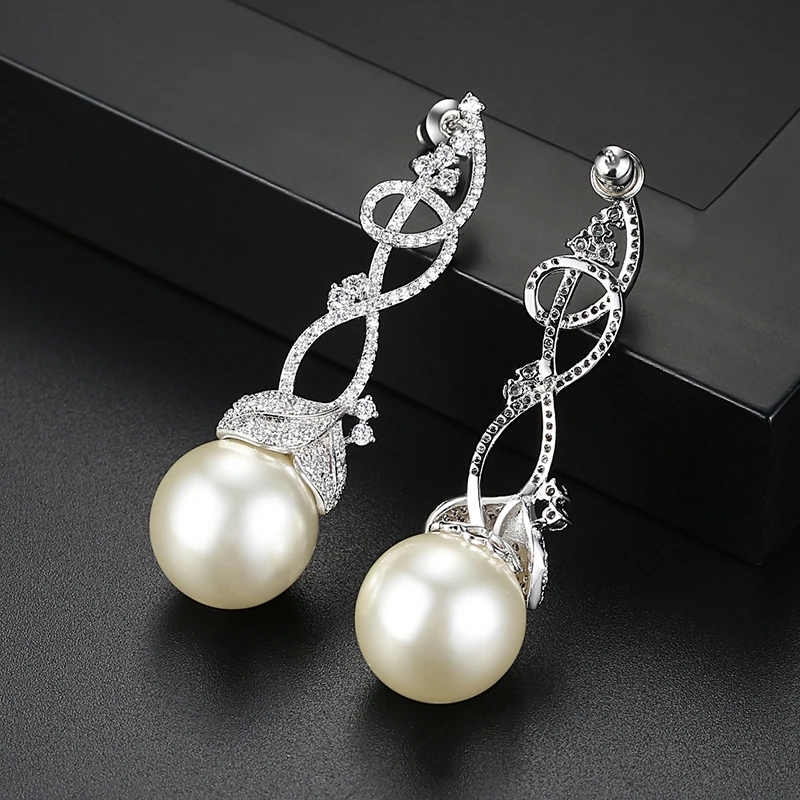 LUOTEEMI Cane Vine Cubic Zirconia Big Imitation Pearl Drop Earrings For Woman Korean Fashion Wedding Bridal Sweet Accessories