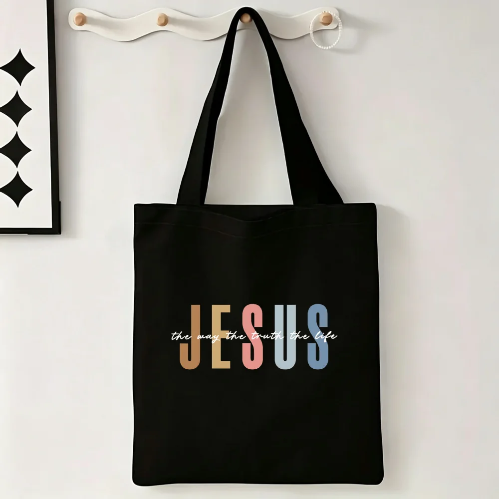 Christian Jesus Tote Bag Daily Shopping Shoulder Handbag Faith Letters Print Church Sunday School Scripture Religious Gift Purse