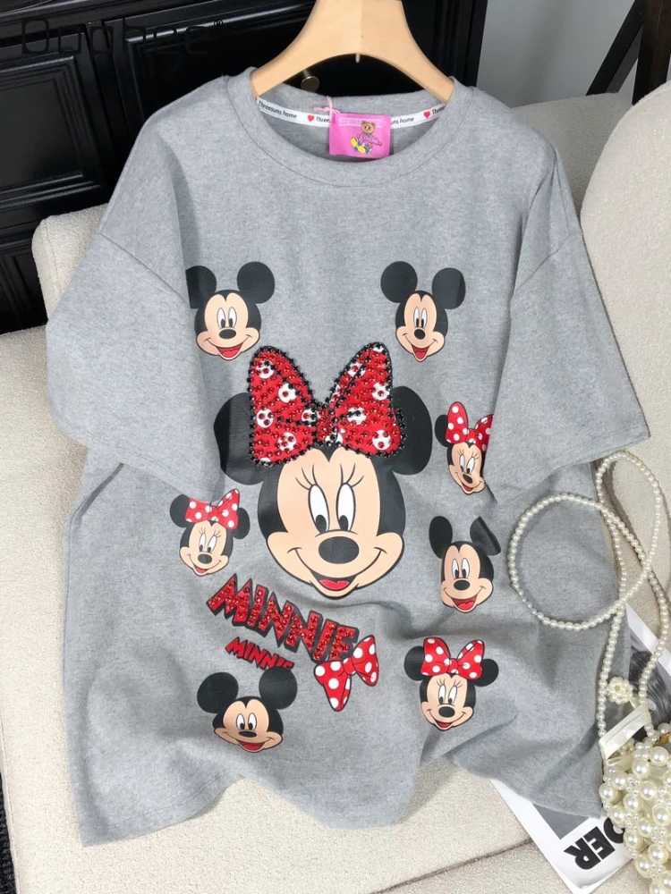 2024 Autumn and Winter Korean Version Cartoon Diamond-encrusted Printing Loose and Thickened Casual Short-sleeved T-shirt Women