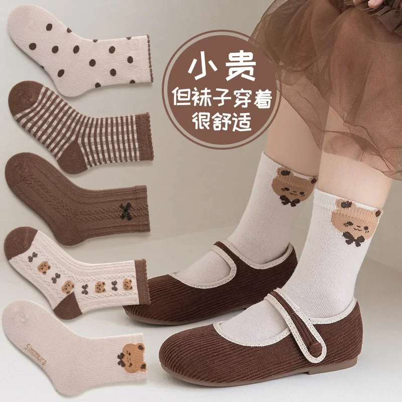 5PCS/winter children's A-class cotton socks cartoon bear baby girl middle tube socks pure cotton comfortable&cute cotton socks