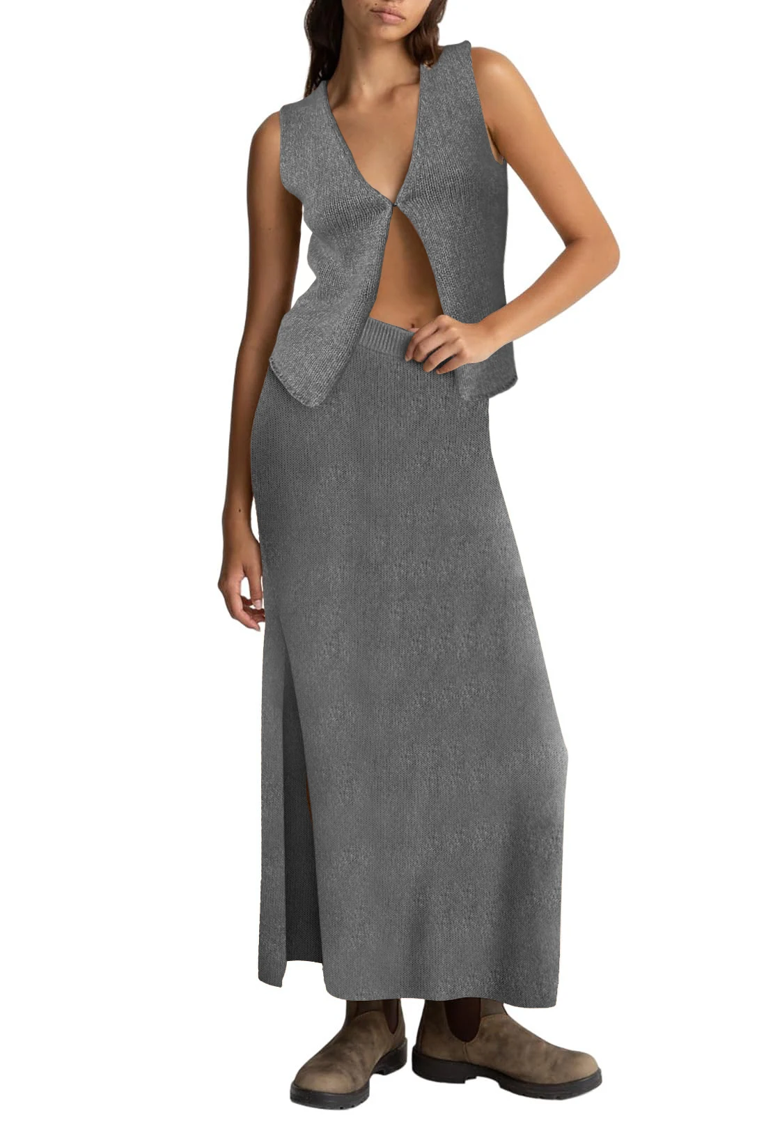 

Women's Aesthetic 2-Piece Set Daily Versatile Commuting Skirt Sleeveless V-neck Front Vest Long Knitted Skirt Set