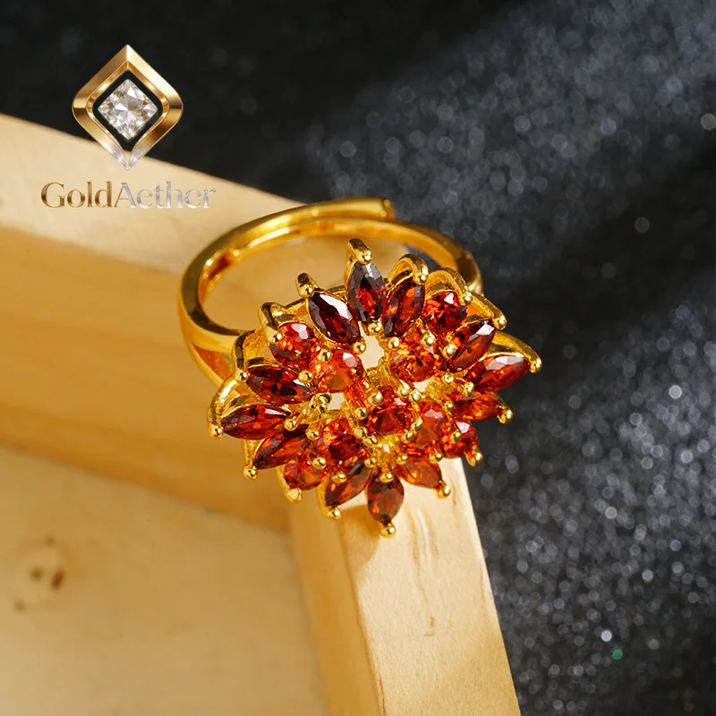 

Кольцо GoldNouveau 24K Gold AU999 с микроинкрустацией цирконами в виде оранжевого подсолнуха для женщин - Премиум-качество, золото-циркон, яркий цветок, подходит для любого случая.