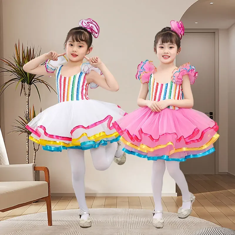 Kinder Tanzsaal Kleidung Pailletten modernen Tanz kurzen Rock Mädchen Jazz Tanz Ball Kleid Hochzeit Prinzessin Rock