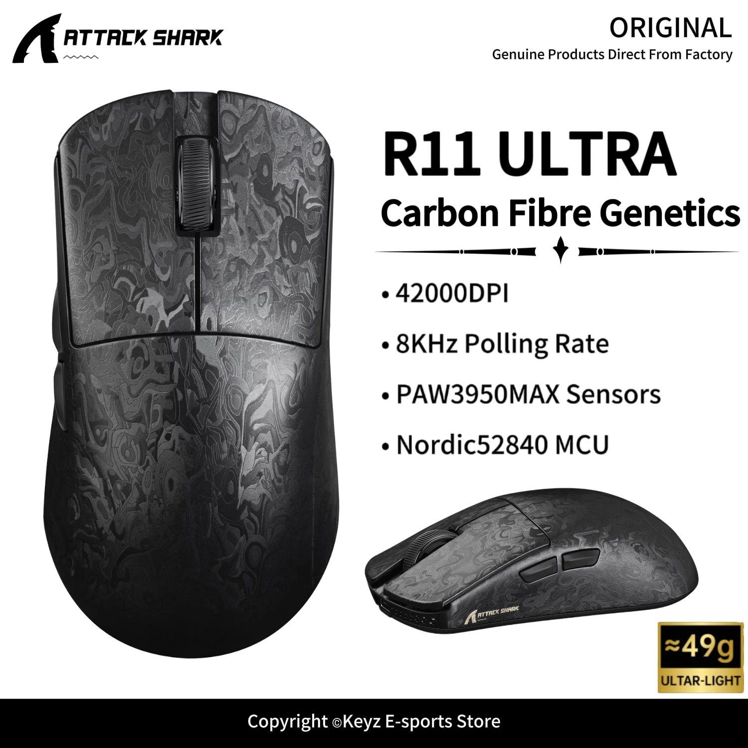 ATTACK SHARK R11 ULTRA Carbon Fiber Composite Mouse 8K Polling Rate Wireless Mouse PAW3950MAX Sensor and Nordic 52840 MCU for PC
