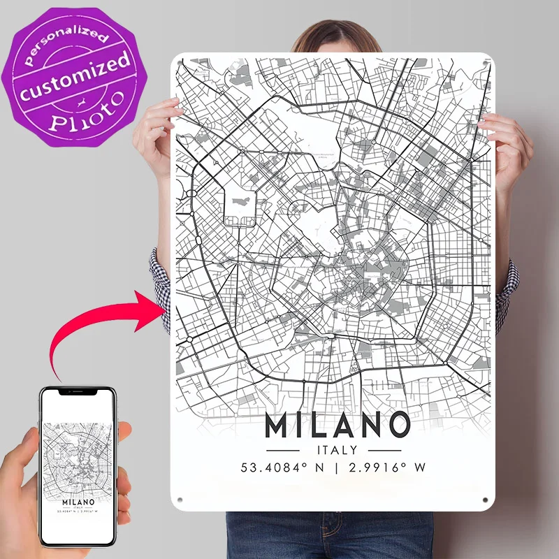 Milan City Map Poster Retro 3D Printed Metal Signs Customized Wall Hanging Gift for Modern Home Decoration Luxury Room Decor