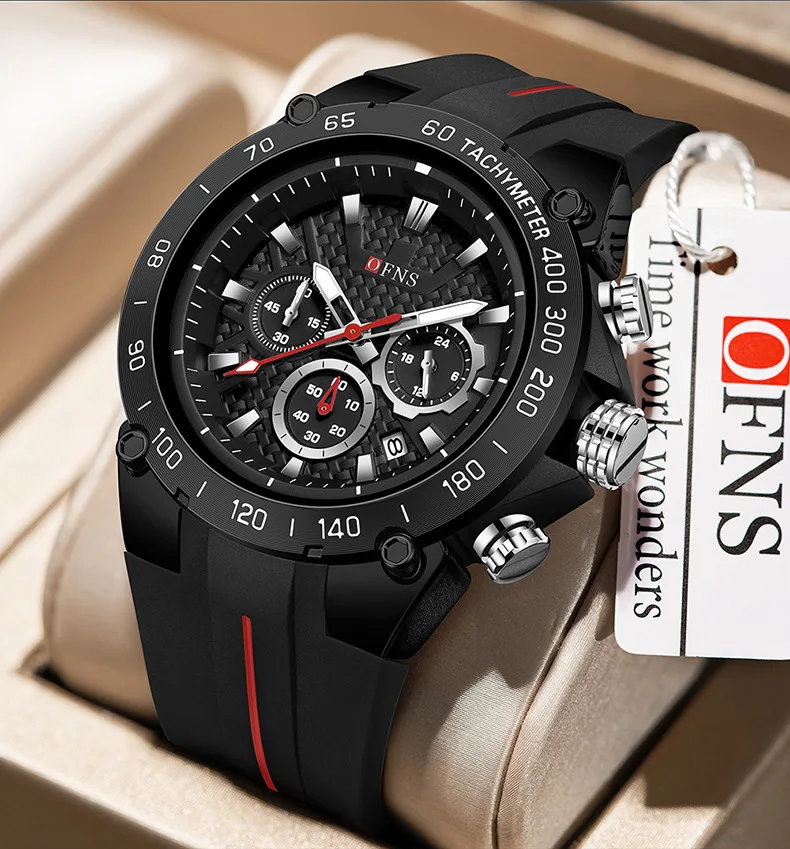 

OFNS 1207 Men's Sports Watch Three Eyes Six Needles Multi functional Luminous 5ATM Waterproof and Drop resistant Student Watch