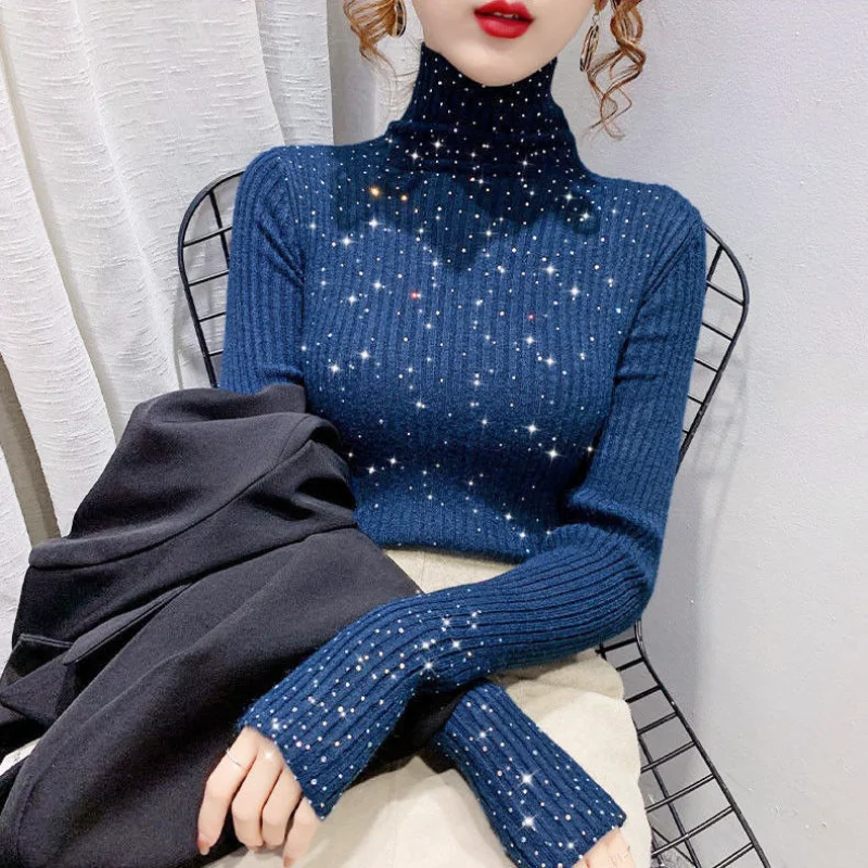 Luxury Shiny Rhinestone Sweater Fall Winter Slim Thin Knitted Bottoming Shirts Turtleneck Pullovers Sequined Undershirts Tops