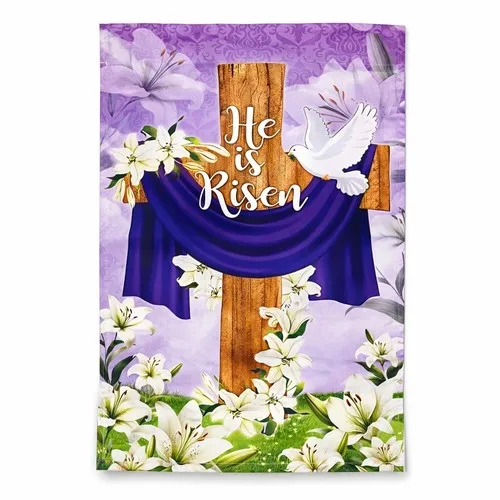 He Is Risen Easter Garden Flag Cross Dove Lilies Religious Spring Decor NEW OOV IIC