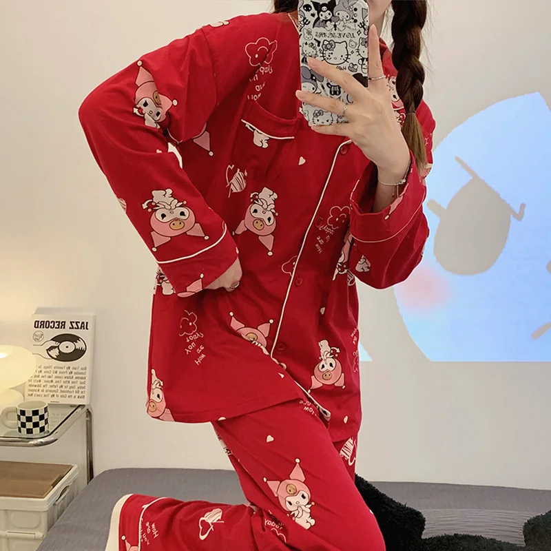 

Sanrio, новый стиль, пижамы, 2 предмета, Kuromi, милый стиль, домашняя одежда, модный универсальный осенний уличный комплект с длинными рукавами, модный