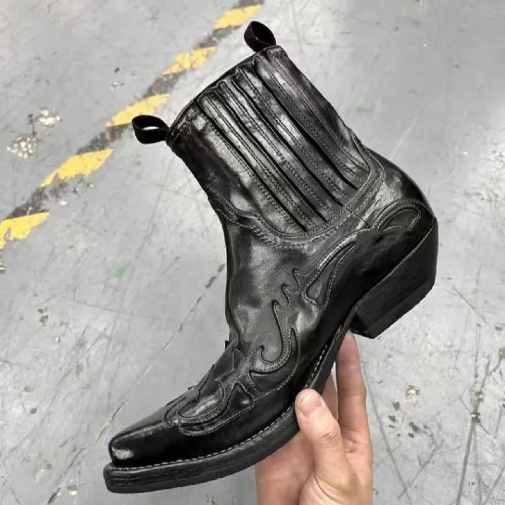 

Men's Fashion Embroidered Flame totem Colorblocked Riding Boots Pointed Toe Thick-Heel Mid-calf Western Chelsea Short Boots