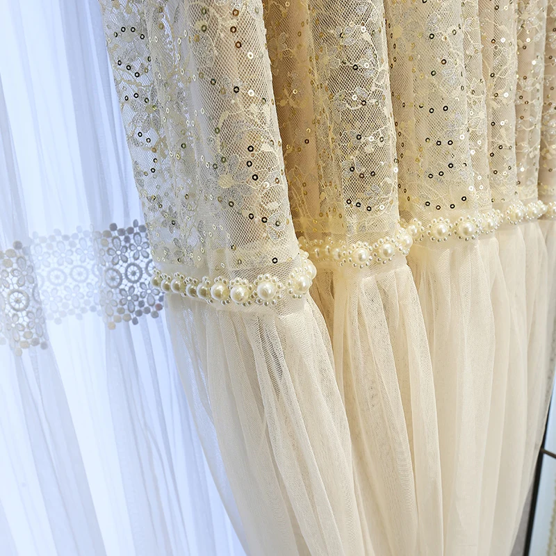 

Custom high-grade Northern French Splicing princess Embroider romantic lace beige cloth curtain tulle M1233