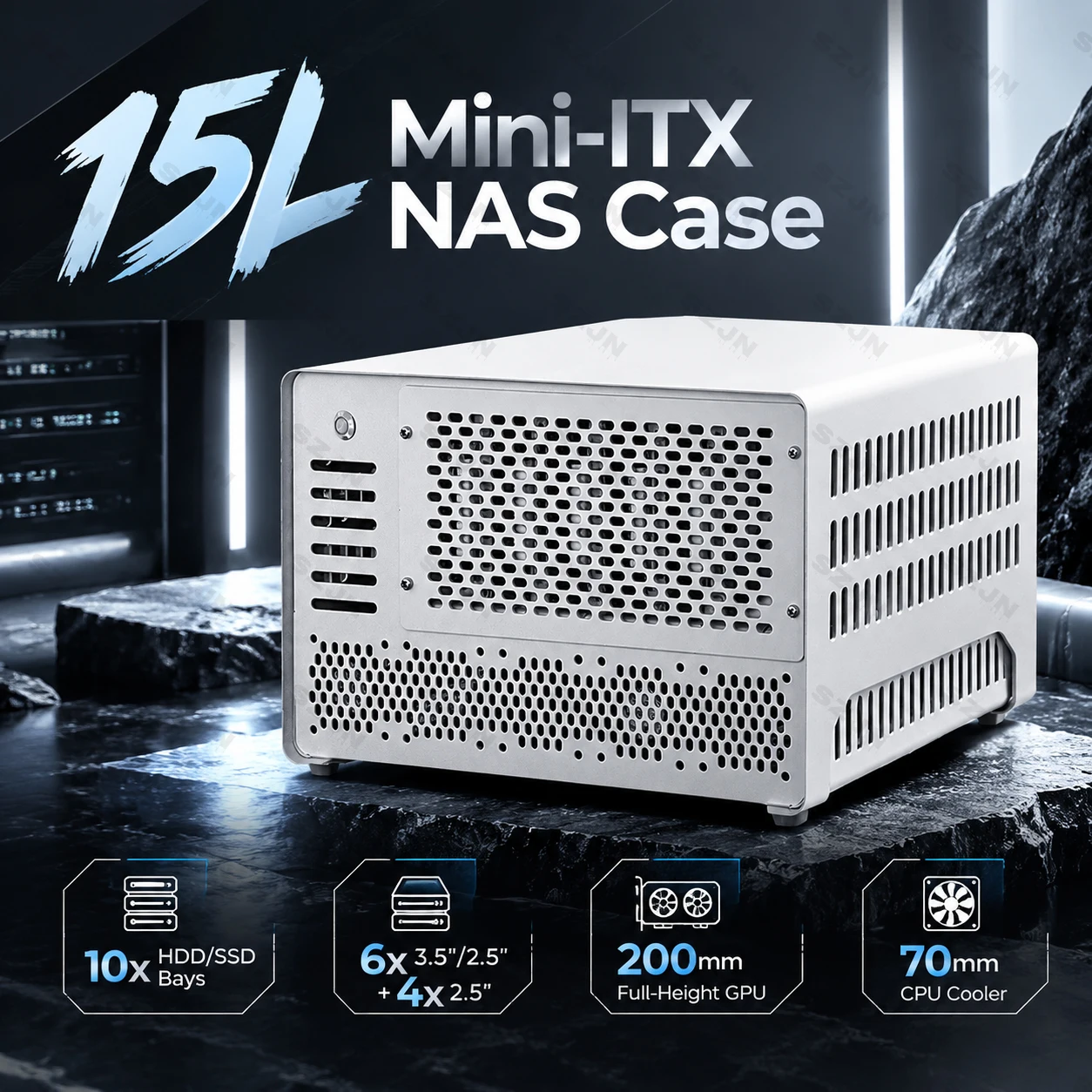 Mini ITX NAS PC Case 15L Computer Chassis 10x HDD SSD Bays 200mm Full Height GPU Support 1U PSU Small Form Factor Desktop Case