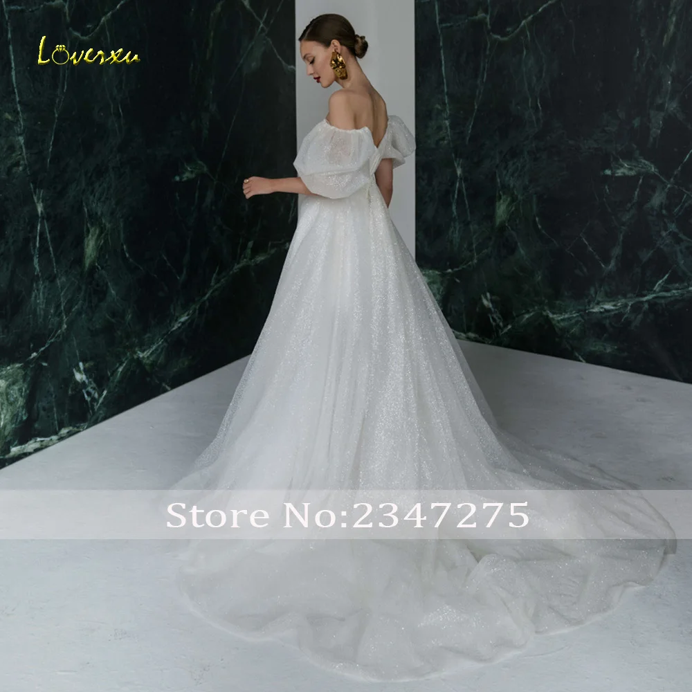 Loverxu A-Line Glitter Wedding Dresses Boat Neck Lantern Short Sleeve Vestido De Novia Lace Court Train Custom Made Bridal Gown