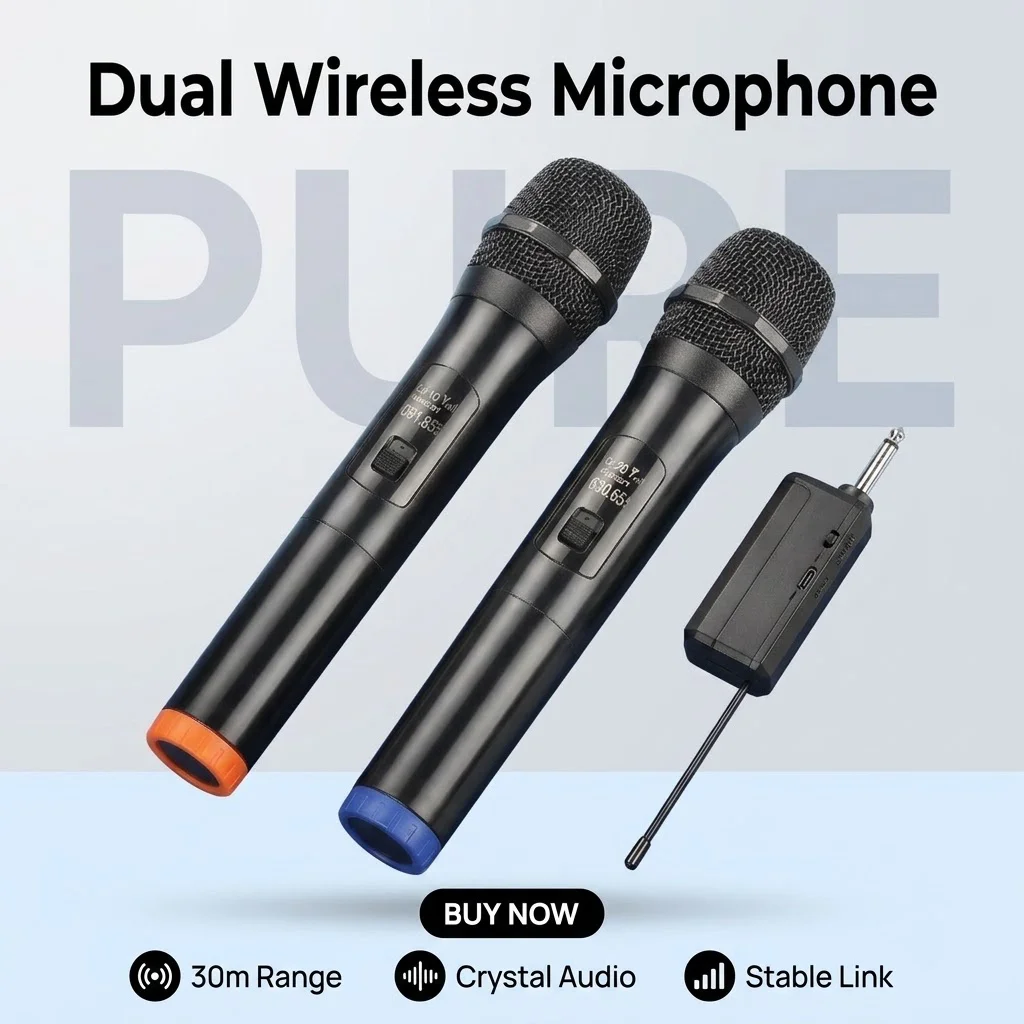 2-Channel Fixed Frequency Wireless Mic System, Handheld Microphone for Party, Karaoke, Church, Show & Meeting