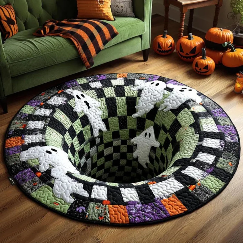 VIKAMA Horror 3D Vortex Ghost Print Round Rug Non Slip Waterproof Indoor Outdoor Halloween Spiral Illusion Party Decor