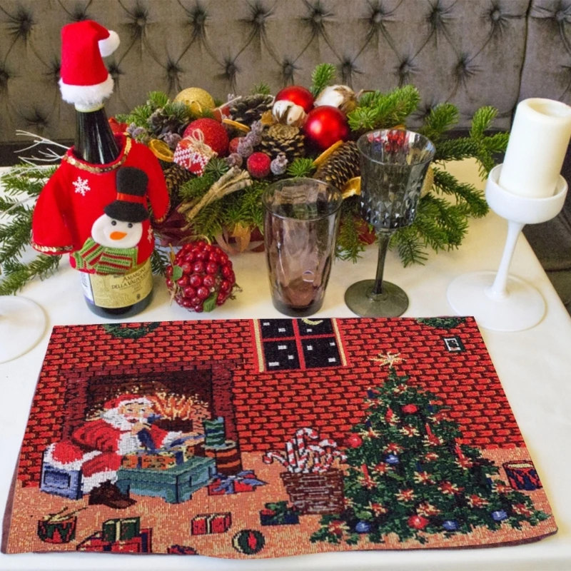 Cotton Linen Christmas Table Runner Table Slipcover Cushion Wiith Colored Santa Pattern For Home & Office Decoration