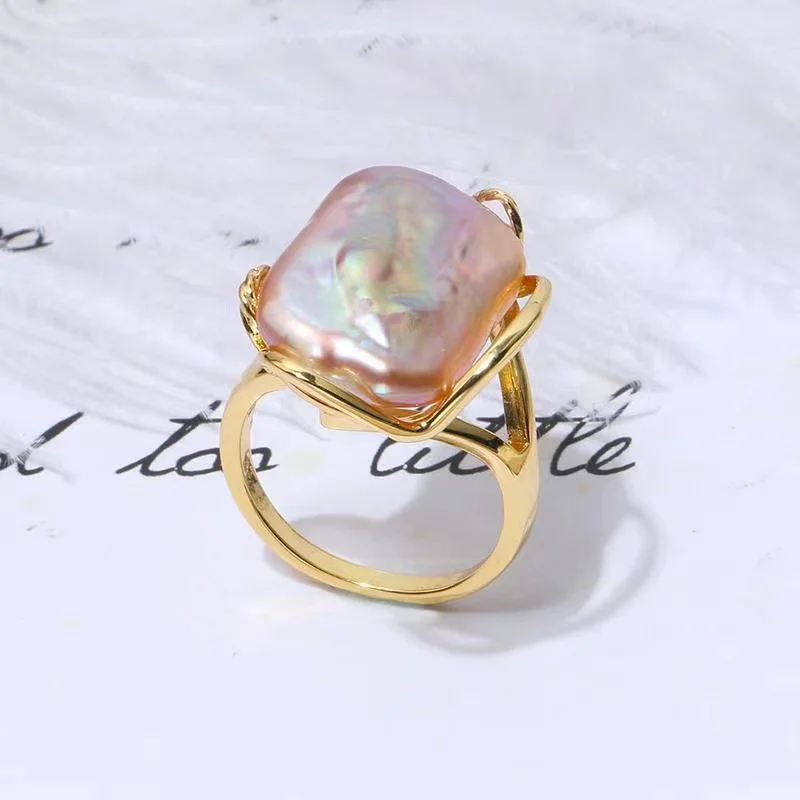 2022 Classic Retro Natural Freshwater Baroque Colorful Pearl Ring 14-19MM 14Kgold filled adjustable size Gifts for Woman  RN