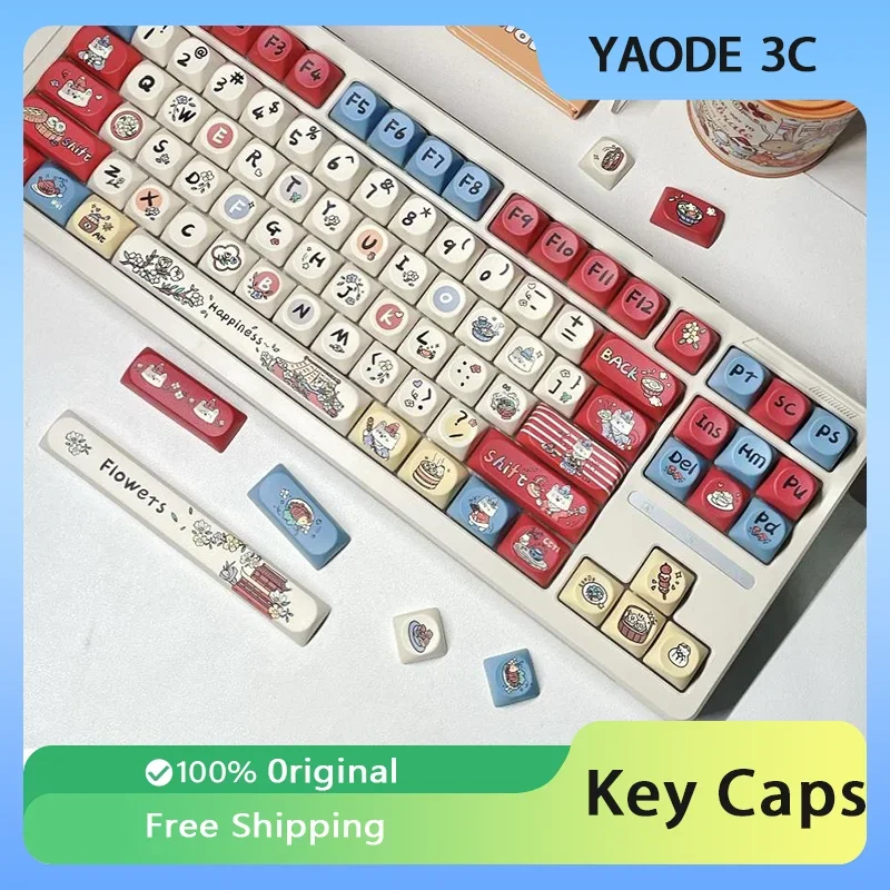 Marvellous Cat Chef Theme Key Cap Set PBT Dye-sublimation SO Profile Retro Red Blue Keycaps for Customized Mechanical Keyboard