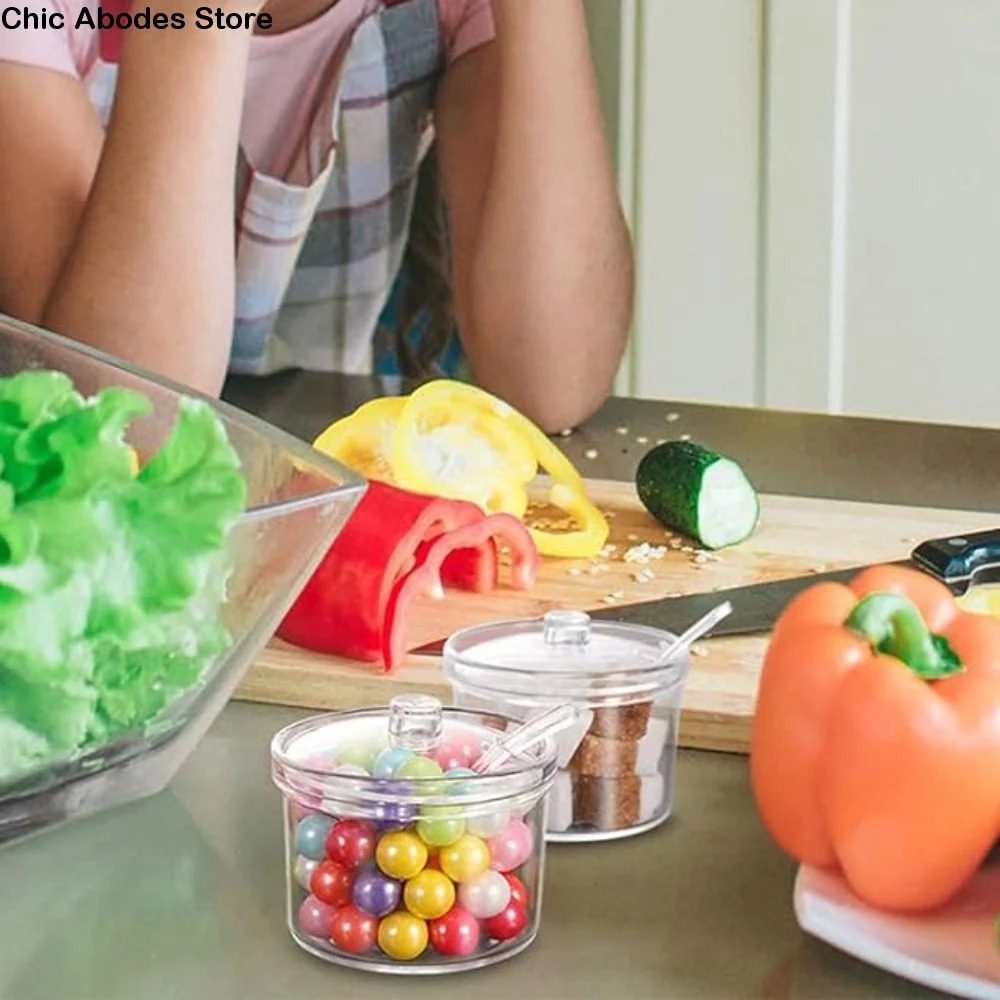 

Household With Spoon and Lid Acrylic Sugar Bowl Anti-fall Visible Seasoning Jar Transparent Condiment Container Dining Table