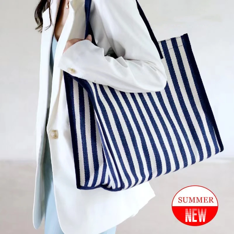 Reusable Canvas Tote for Women, Casual Beach Handbags, Shoulder Bags, Stripe Design, Travel Shopper Tote, Shopping Bag,