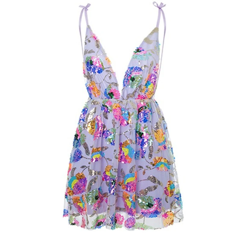 

Sexy Backless Spaghetti Straps Sequined Flowers Mini Party Dress