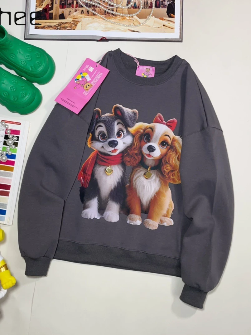 Retro American Style Cartoon Puppy Print Casual Loose Sweatshirts Female 2024 Autumn New Round Neck Long Sleeve Hoodies Women