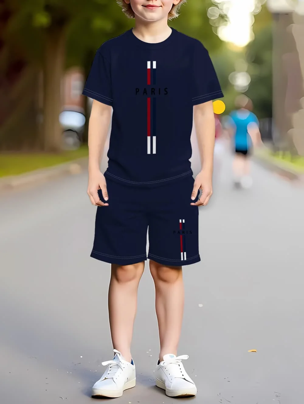 2026 Summer Casual Boys T-Shirts Sets Round Neck Paris Letter 3D Printed Shorts Sport Two Piece Suit Outdoor Children's Clothing