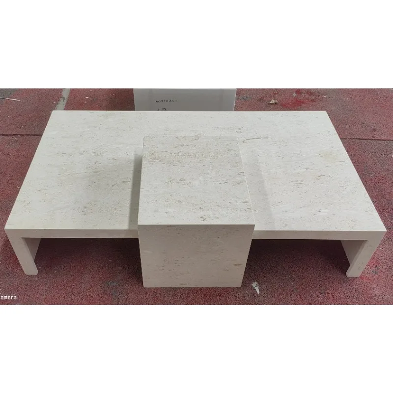 Modern Luxury Natural Beige Limestone Rectangular Coffee Table Creative Design  Marble  Tables