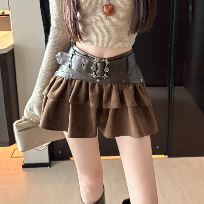 2026 American Y2K Mini Skirt PU Leather Spliced Suede Cake Skirt Women High Waist Skort Hot Girl Pure Desire Skirt