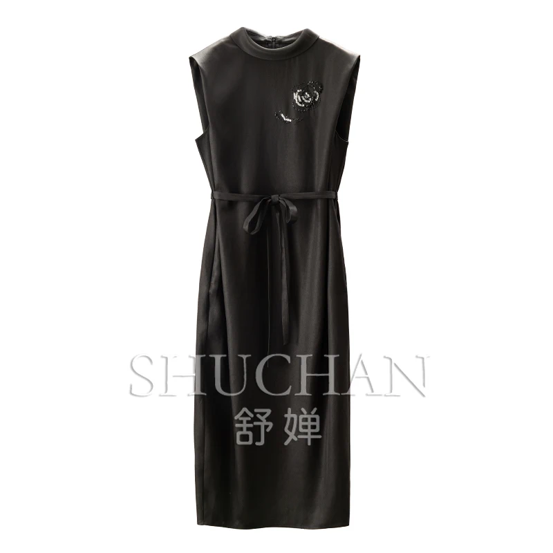 جديد أنيق جدا! فستان نسائي من الحرير الفرنسي G على الوجهين من الساتان والخرز المطرز بخصر بدون أكمام 0Y89