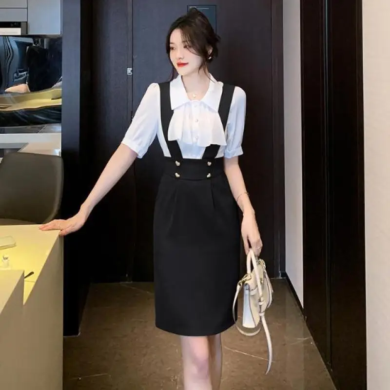 2023 Summer New Arrival Korean Fashion Style Temperament Shirt Commuter Versatile Slim Fit Strap Dress Two Piece Set For Women