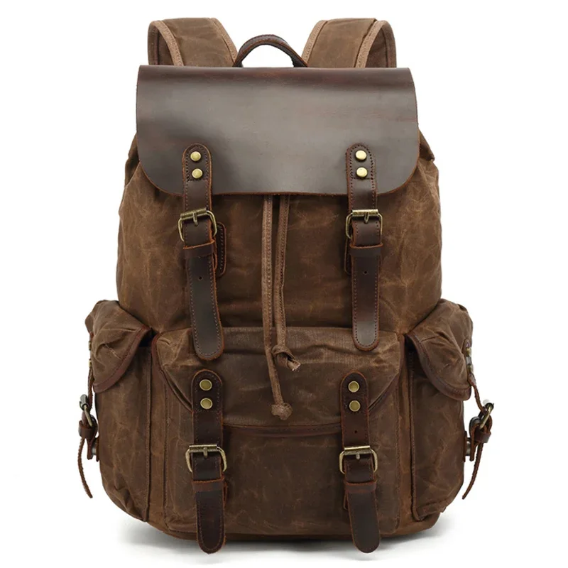 Vintage Waterproof Waxed Canvas + Genuine Leather Men's Backpack Large Capacity Bagpack Travel Bag  Mochila Laptop Case Rucksack