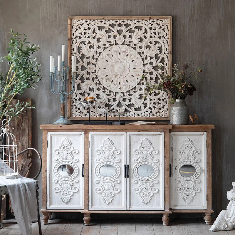 

American country living room entrance cabinet white retro old carved solid wood home decoration bed and breakfast locker