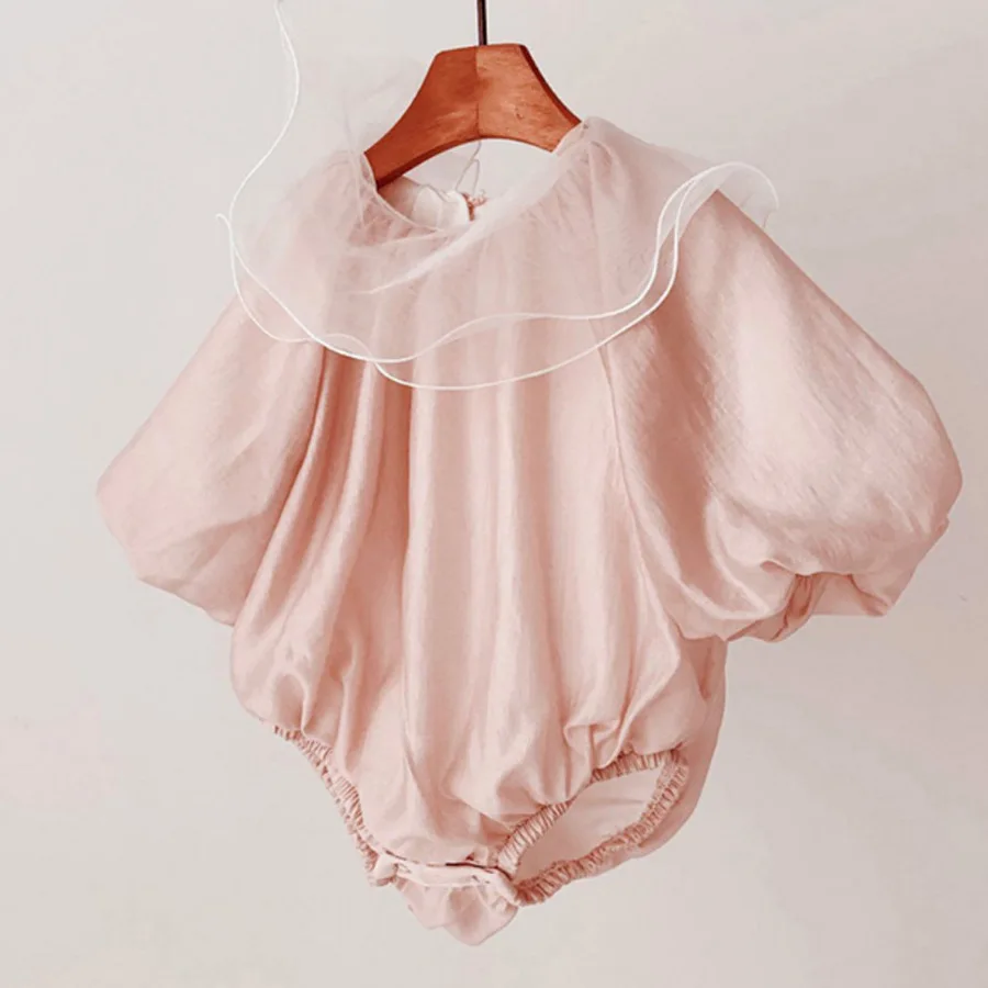 Newborn Baby Clothes Summer and Autumn Cute Princess One-piece Pink Mesh Solid Color Sweet Pullover Lotus Leaf Collar Cotton