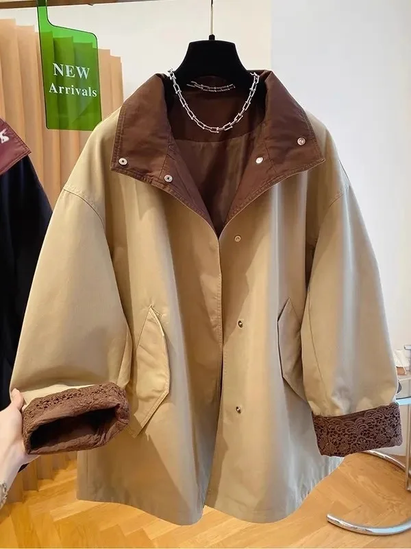 

Высококачественная цветная ветровка Blo, женская куртка больших размеров, свободный повседневный топ средней длины, корейский длинный воротник све