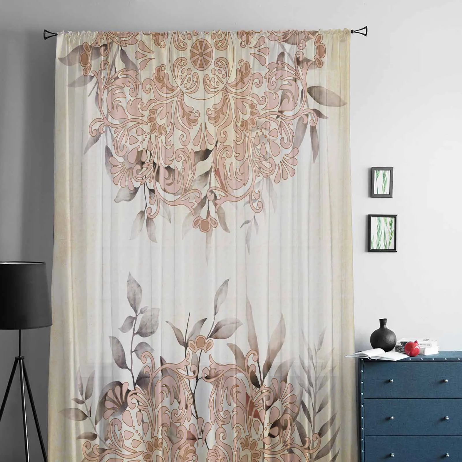 Persian Patterned Watercolor Leaves Tulle Window Curtains for Bedroom Luxury Home Decor Drapes in Living Room Chiffon Panels