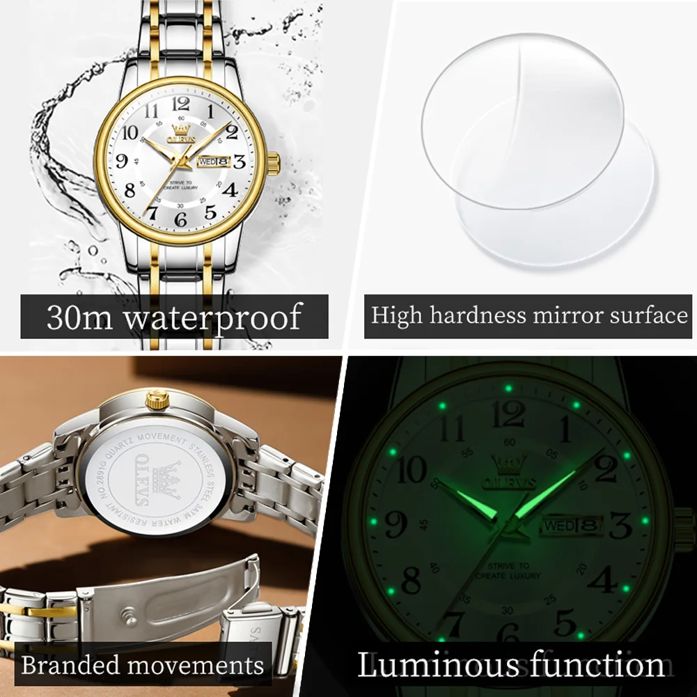 OLEVS Luxury Brand Fashion Women\'s Watches Waterproof Luminous Quartz Watch Dual Calendar Stainless Steel Strap Wristwatch Set